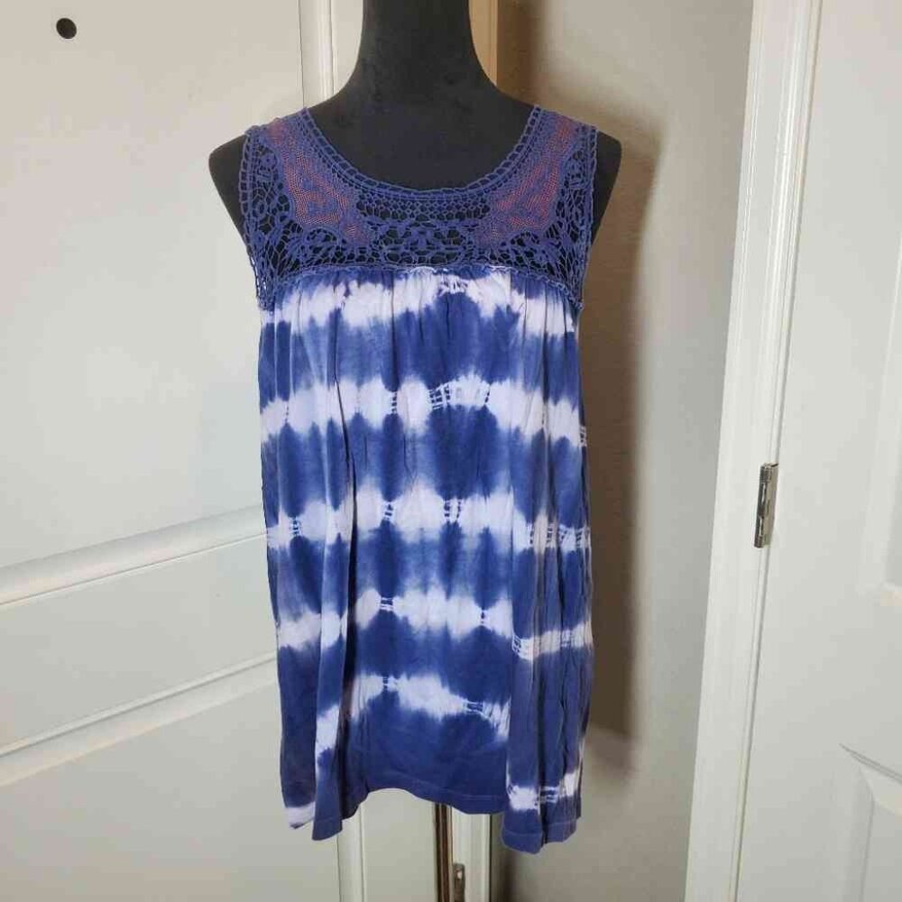 Greater Good Women's Navy Blue and White Tie-Dye Crochet Tank Top Size Large